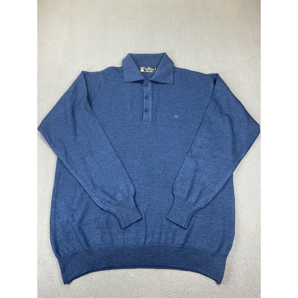 Monte Carlo Sweater Mens EU 42 Blue Wool Collared Pullover Embroidered Polo
